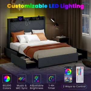 Full/Queen Size Bed Frame with LED Lights and Charging Station-Full Size view 6