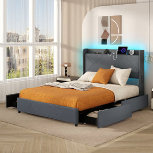 Full/Queen Size Bed Frame with LED Lights and Charging Station-Queen Size view 3