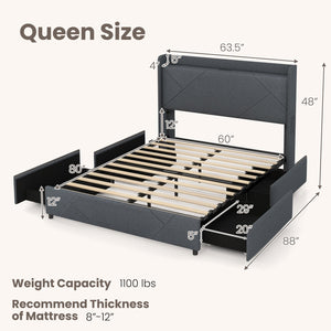 Full/Queen Size Bed Frame with LED Lights and Charging Station-Queen Size view 4