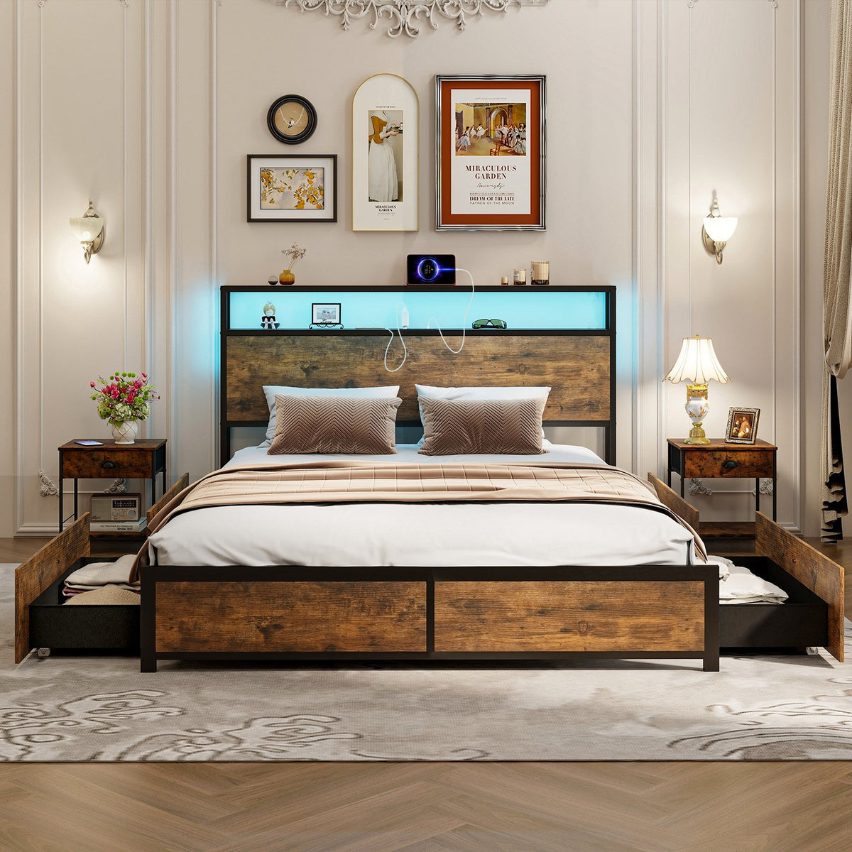 Full/Queen Size Bed Frame with Smart LED Lights and Storage Drawers-Queen Size view 2