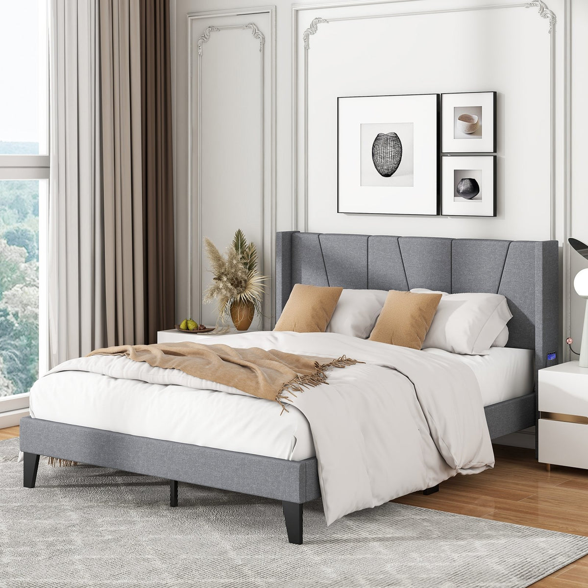 Full/Queen Size Bed Frame with Wingback Headboard and Wood Slat Support-Queen Size view 2