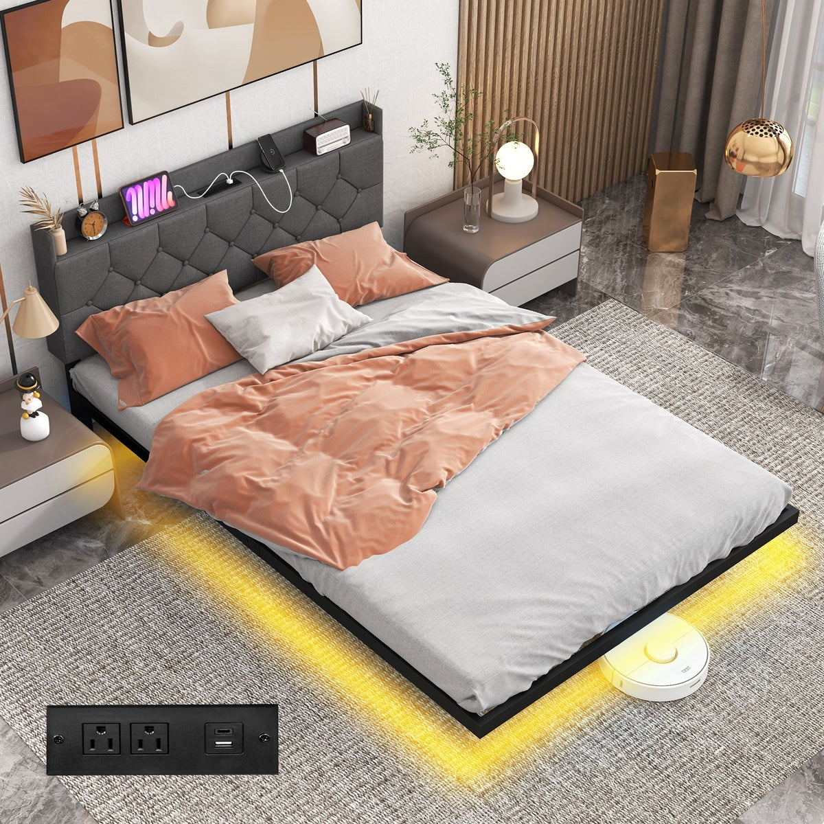 Full/Queen Size Floating Bed Frame with LED and Headboard and Charging Station-Full Size view 2