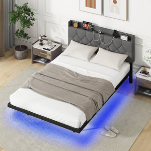 Full/Queen Size Floating Bed Frame with LED and Headboard and Charging Station-Full Size view 3