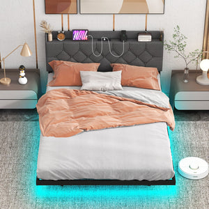 Full/Queen Size Floating Bed Frame with LED and Headboard and Charging Station-Full Size view 5