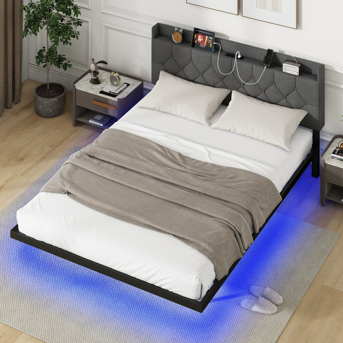 Full/Queen Size Floating Bed Frame with LED and Headboard and Charging Station-Queen Size view 2