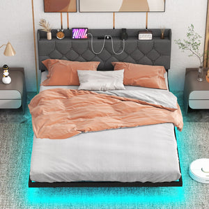 Full/Queen Size Floating Bed Frame with LED and Headboard and Charging Station-Queen Size view 3