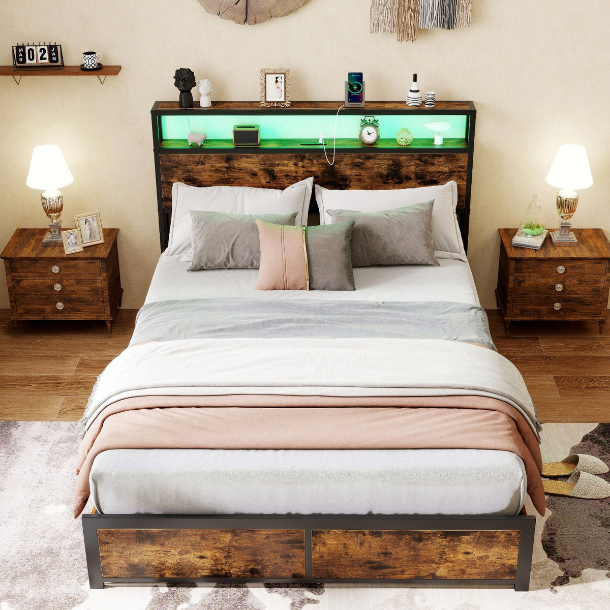 Full/Queen Size LED Bed Frame with Charging Station and 4 Storage Drawers-Full view 2