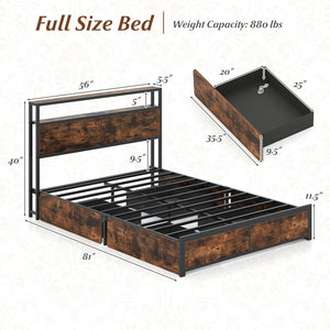 Full/Queen Size LED Bed Frame with Charging Station and 4 Storage Drawers-Full view 5