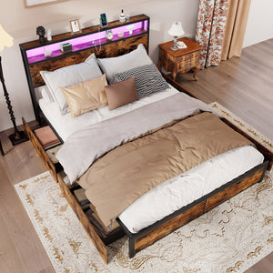 Full/Queen Size LED Bed Frame with Charging Station and 4 Storage Drawers-Queen view 3