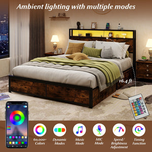 Full/Queen Size LED Bed Frame with Charging Station and 4 Storage Drawers-Queen view 7