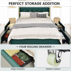 Full/Queen Size Upholstered Bed Frame with 4 Drawers-Green-Full Size view 6
