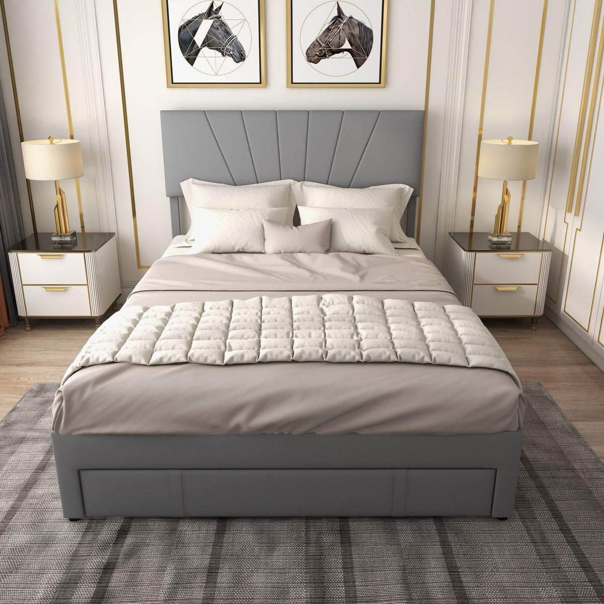 Full/Queen Size Upholstered Bed Frame with Drawer and Adjustable Headboard-Queen Size view 2