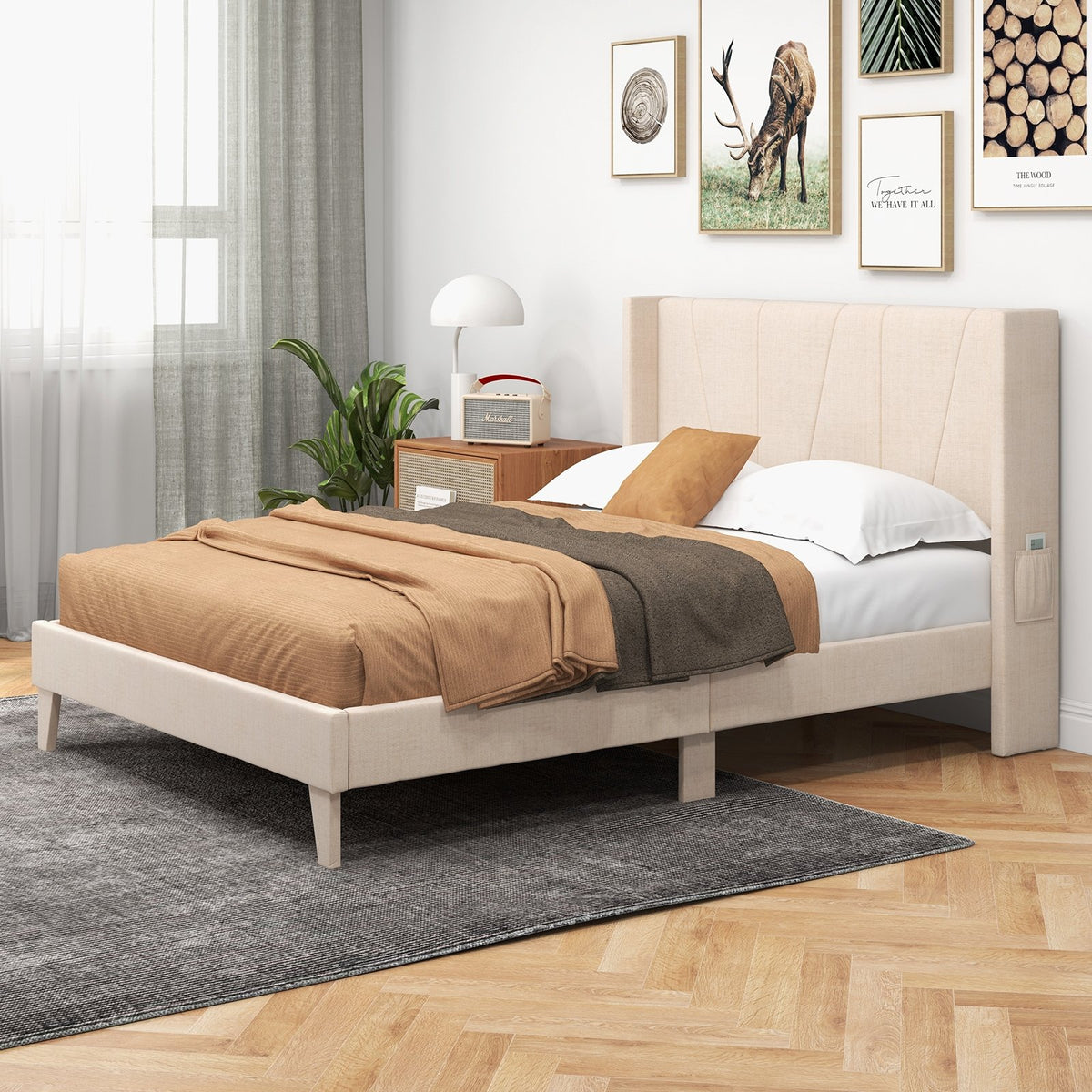 Full/Queen Size Upholstered Bed Frame with Geometric Wingback Headboard-Full Size view 2