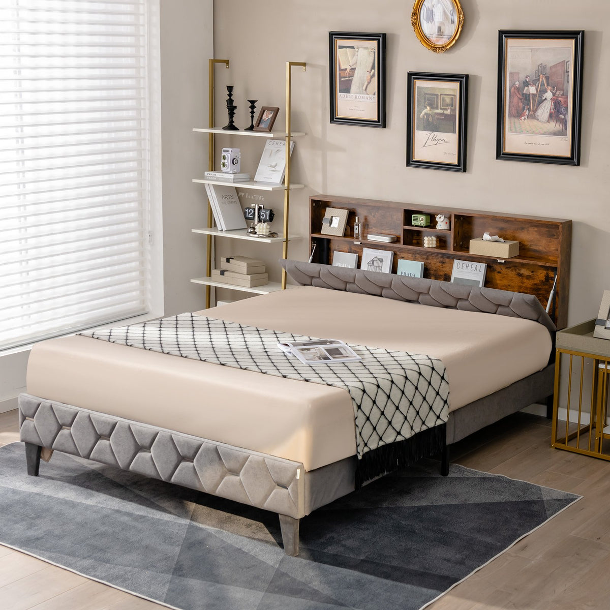 Full/Queen Size Upholstered Bed Frame with Storage Headboard-Queen Size view 2