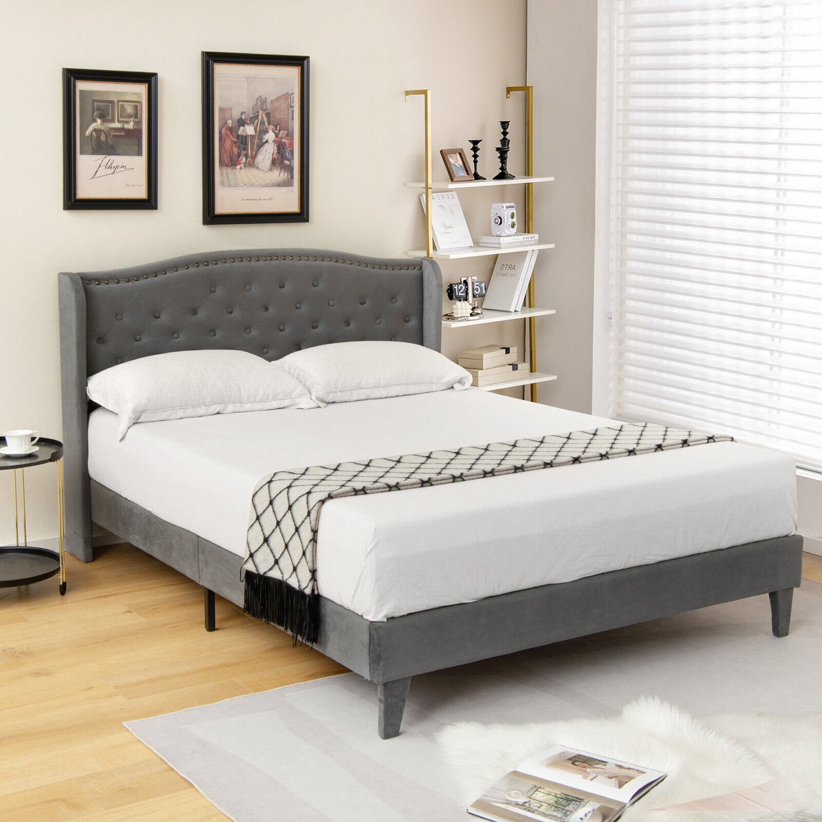 Full/Queen Size Upholstered Platform Bed Frame with Button Tufted Headboard-Full Size view 2