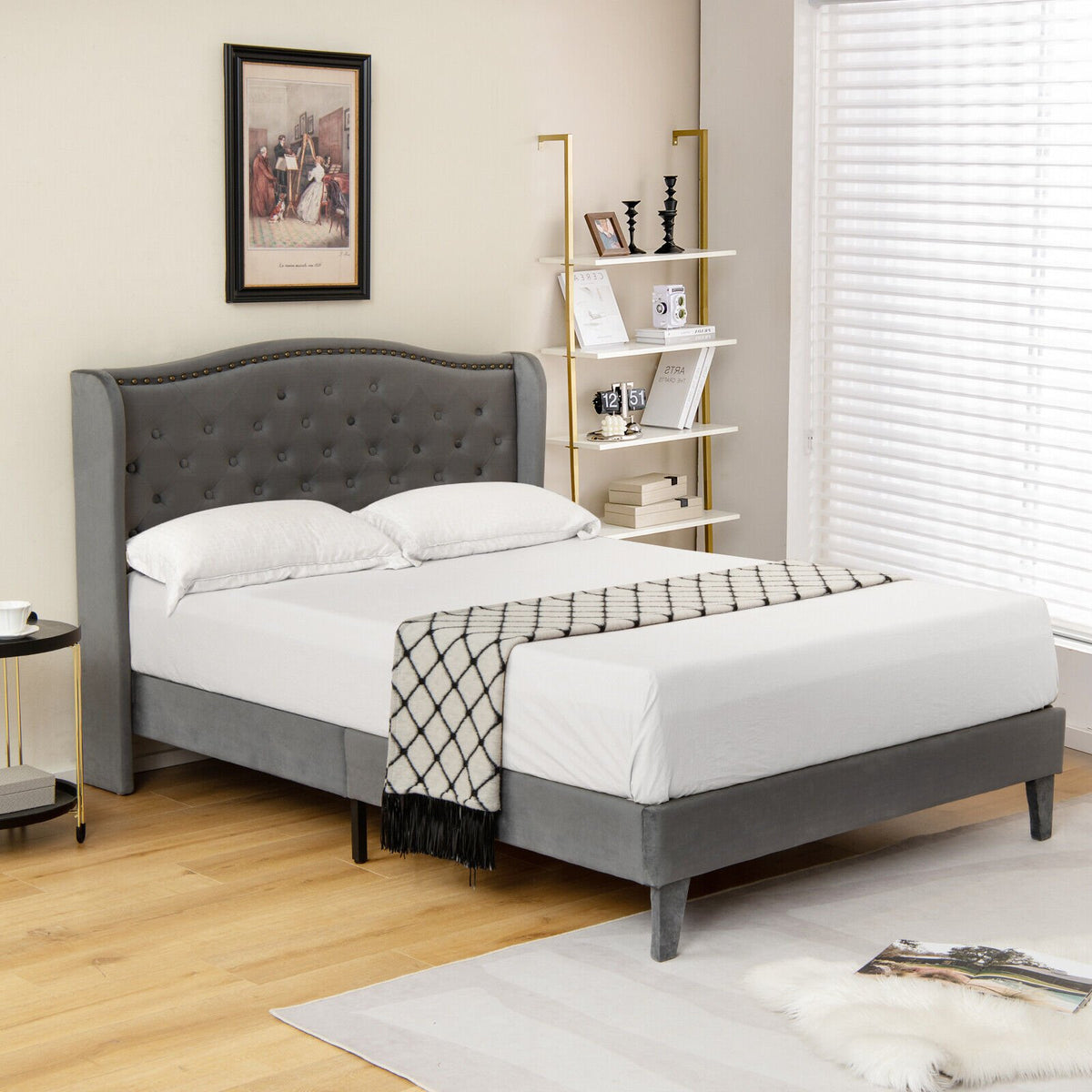 Full/Queen Size Upholstered Platform Bed Frame with Button Tufted Headboard-Queen Size view 2