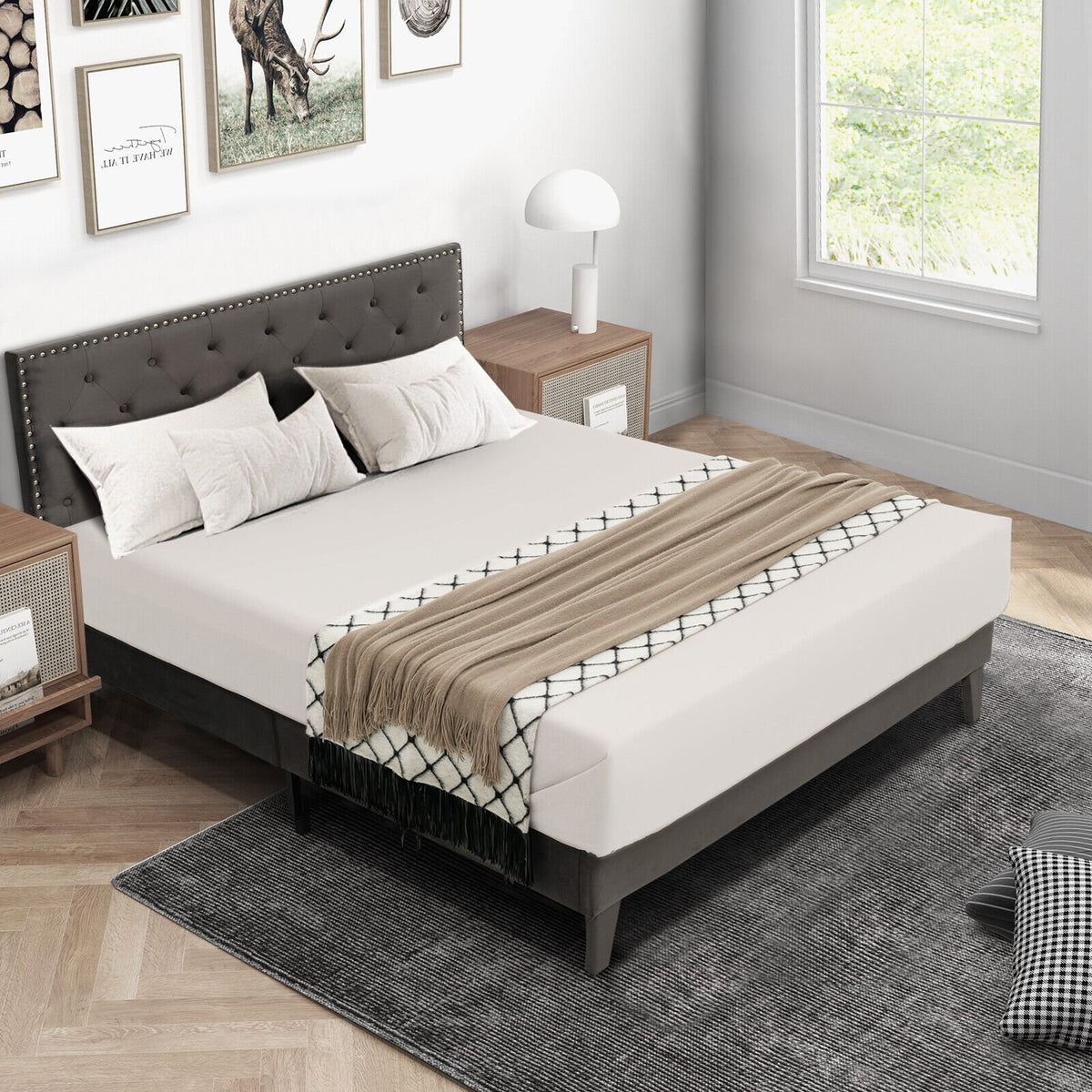 Full/Queen Size Upholstered Platform Bed with Tufted Headboard-Queen Size view 2