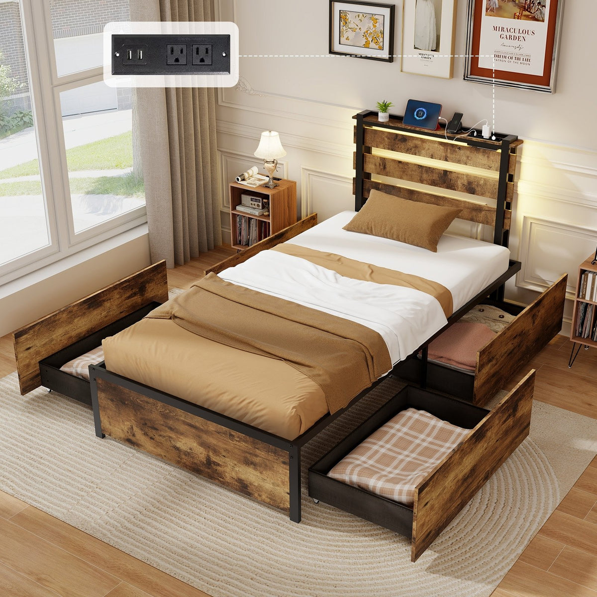 Full/Queen/Twin Size Bed Frame with Drawers LED Lights and USB Ports-Twin Size view 2