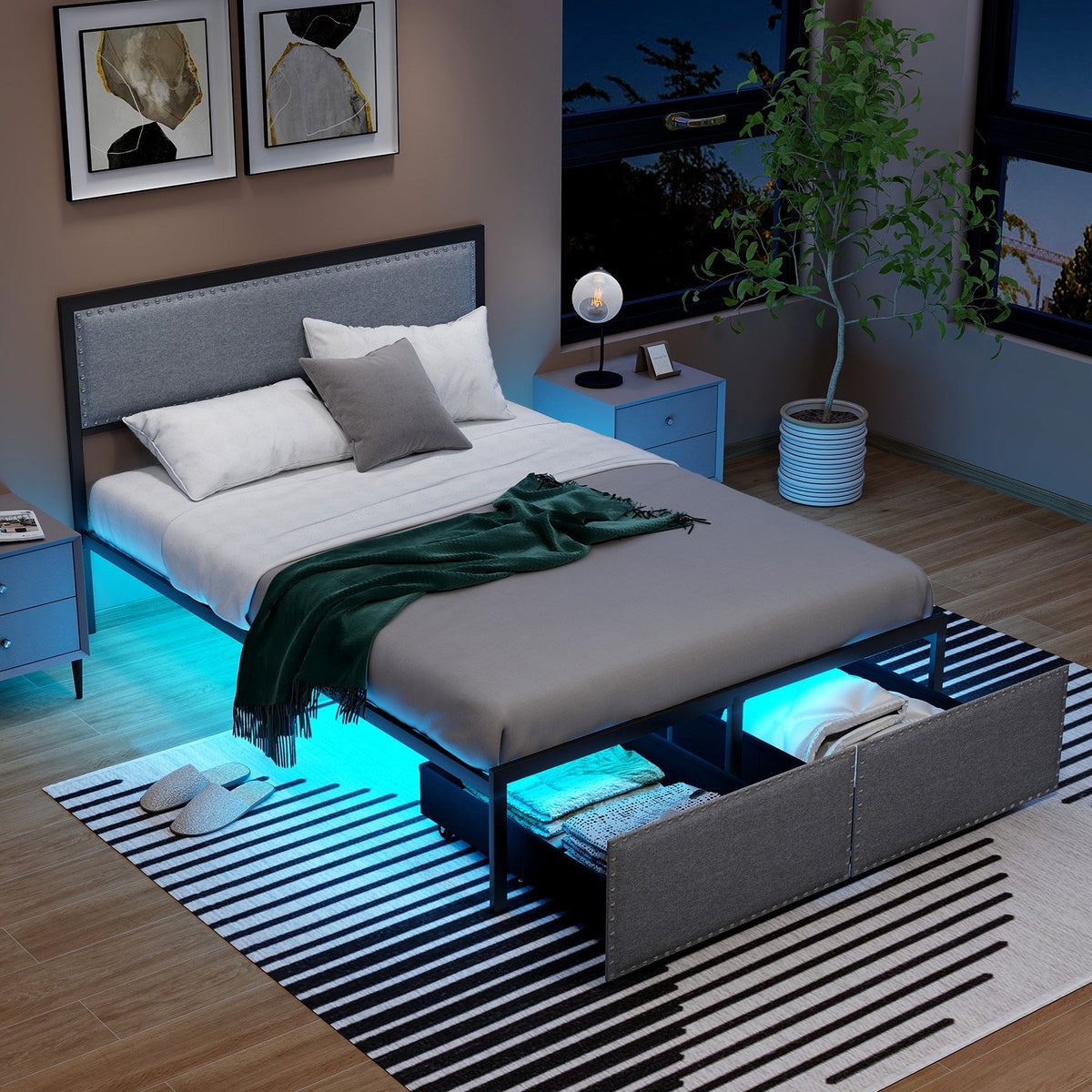 Full/Queen/Twin Size Bed Frame with LED Lights Drawer and Metal Slats-Full Size view 2