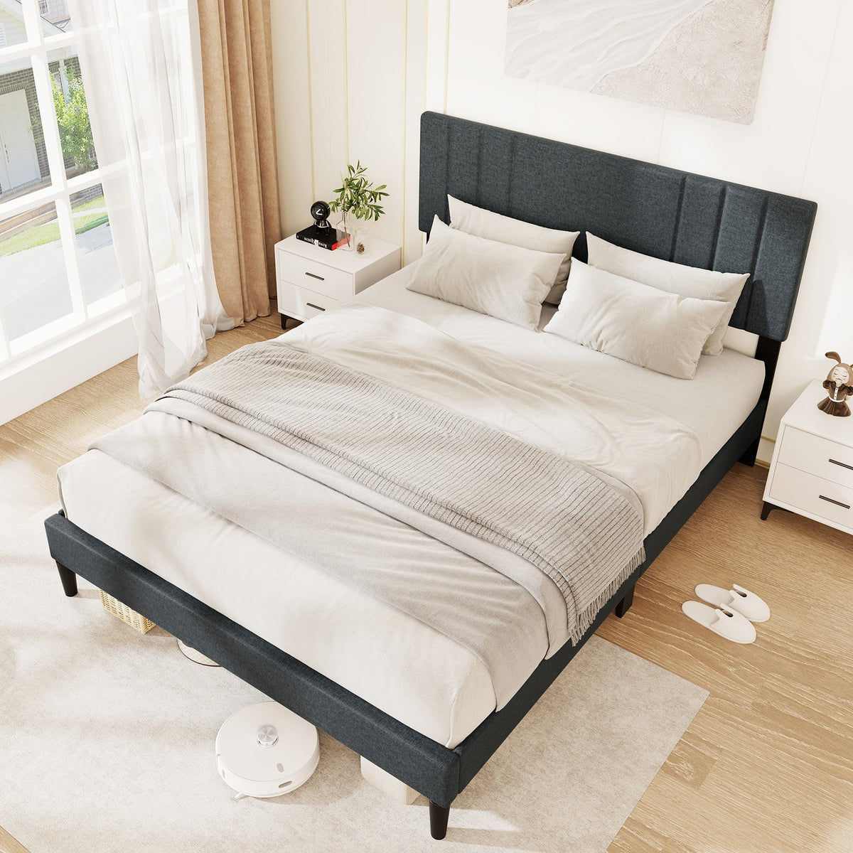 Full/Queen/Twin Size Bed Frame with Vertical Channel Tufted Headboard and Wooden Slats-Queen Size view 2