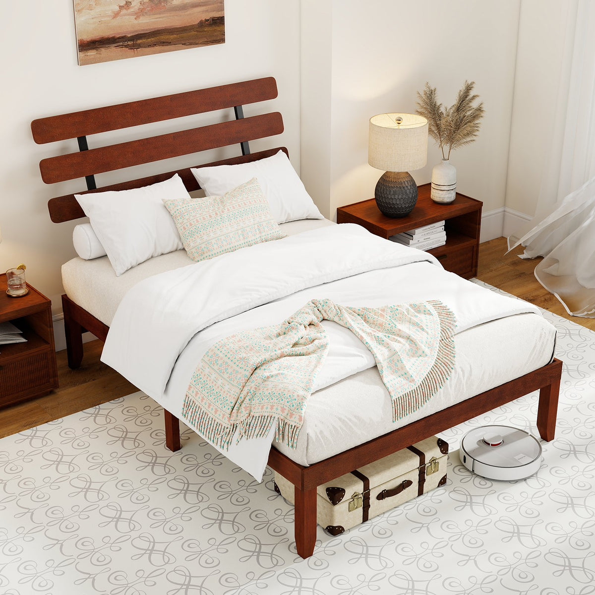 Full Size Bed Frame 15.5 Inch Solid Wood Platform Bed with Retro Headboard view 2
