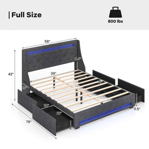 Full Size Bed Frame with LED Lights Wingback Headboard and Charging Station-Grey view 4