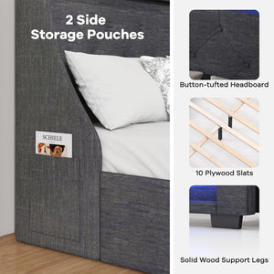 Full Size Bed Frame with LED Lights Wingback Headboard and Charging Station-Grey view 9