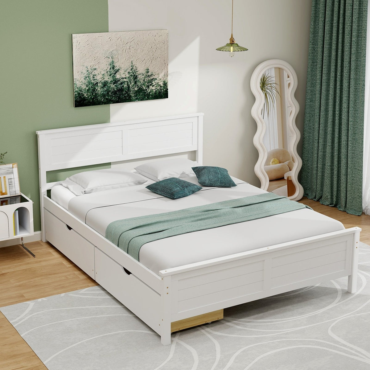 Full Size Bed Frame with Storage Drawers and Solid Wood Headboard-White view 2