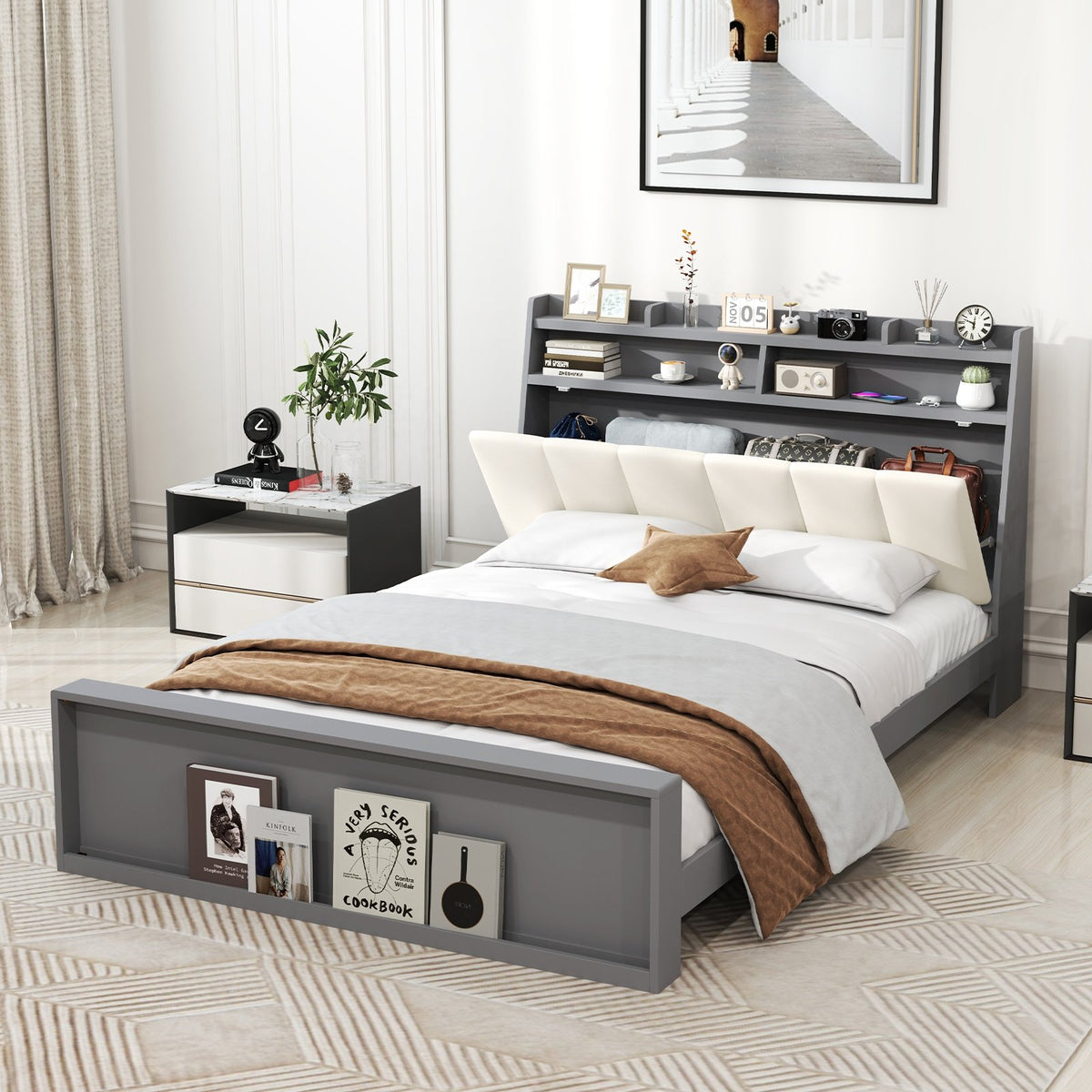Full Size Bed Frame with Storage Modern Platform Bed with Headboard-Full Size view 2