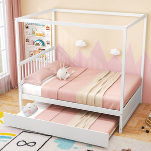 Full Size Canopy Bed with Trundle Wooden Platform Bed Frame Headboard-White view 3