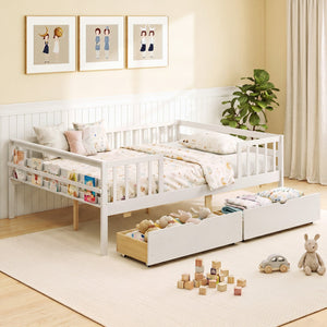 Full Size Daybed with Fence and 2 Drawers for Boys and Girls-White view 5