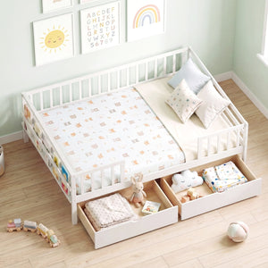 Full Size Daybed with Fence and 2 Drawers for Boys and Girls-White view 6