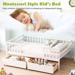 Full Size Daybed with Fence and 2 Drawers for Boys and Girls-White view 8