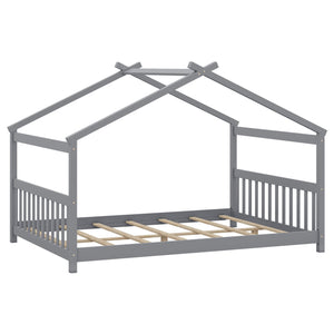 Full Size House Bed Montessori Floor Bed with Headboard-Gray view 4