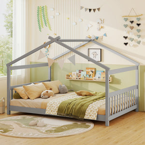 Full Size House Bed Montessori Floor Bed with Headboard-Gray view 9