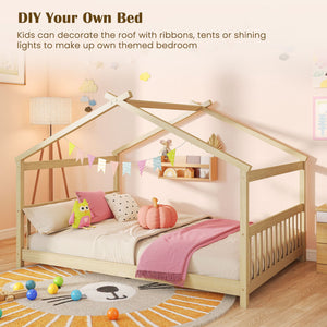 Full Size House Bed Montessori Floor Bed with Headboard-Natural view 9