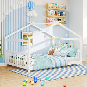Full Size House Bed Montessori Floor Bed with Headboard-White view 5