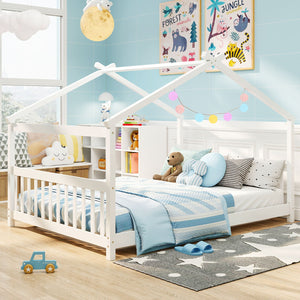 Full Size House Bed Montessori Floor Bed with Headboard-White view 7
