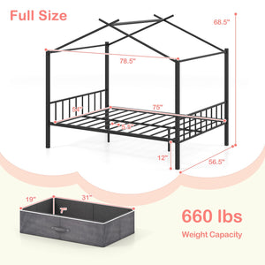 Full Size Metal House Bed with 2 Fabric Drawers for Kids-Black view 3