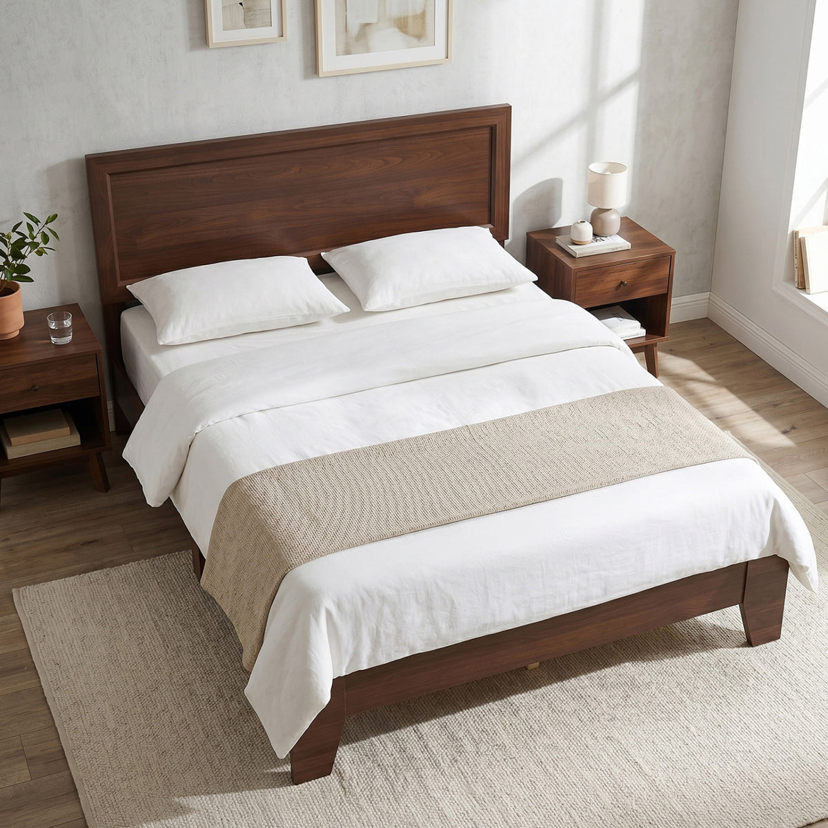 Full Size Modern Bed Frame with Headboard No Box Spring Needed-Walnut view 2