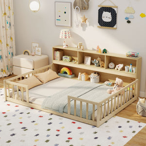 Full Size Montessori Floor Bed with Bookcase-Natural view 3