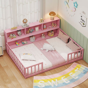 Full Size Montessori Floor Bed with Bookcase-Pink view 2