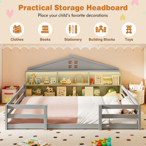 Full Size Montessori Floor Bed with Storage Compartments and Shelf-Gray view 6