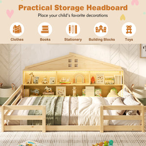 Full Size Montessori Floor Bed with Storage Compartments and Shelf-Natural view 6