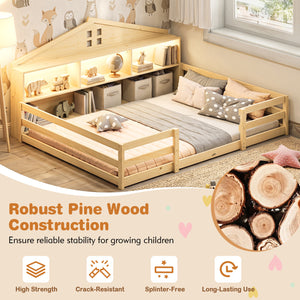 Full Size Montessori Floor Bed with Storage Compartments and Shelf-Natural view 8
