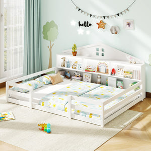 Full Size Montessori Floor Bed with Storage Compartments and Shelf-White view 2
