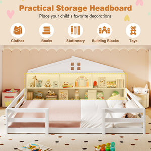 Full Size Montessori Floor Bed with Storage Compartments and Shelf-White view 6