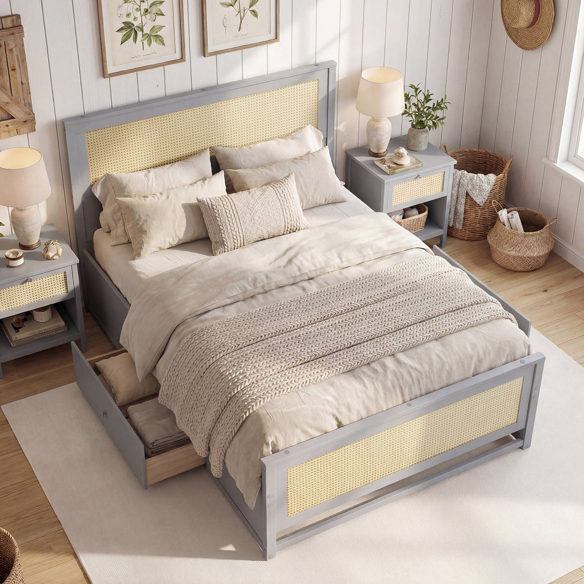 Full Size Rattan Bed Frame with Storage Drawers-Gray view 2