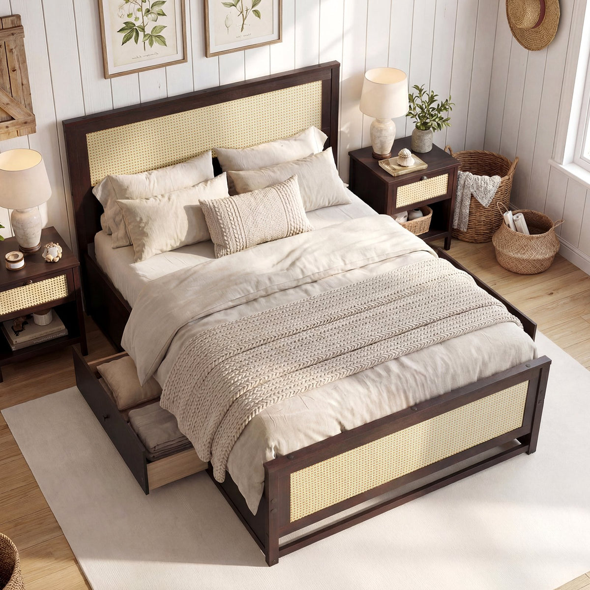 Full Size Rattan Bed Frame with Storage Drawers-Rustic Brown view 2