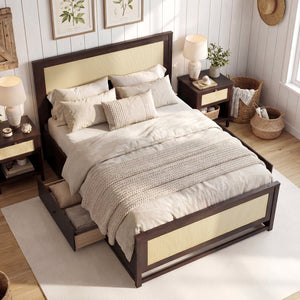 Full Size Rattan Bed Frame with Storage Drawers-Rustic Brown view 2